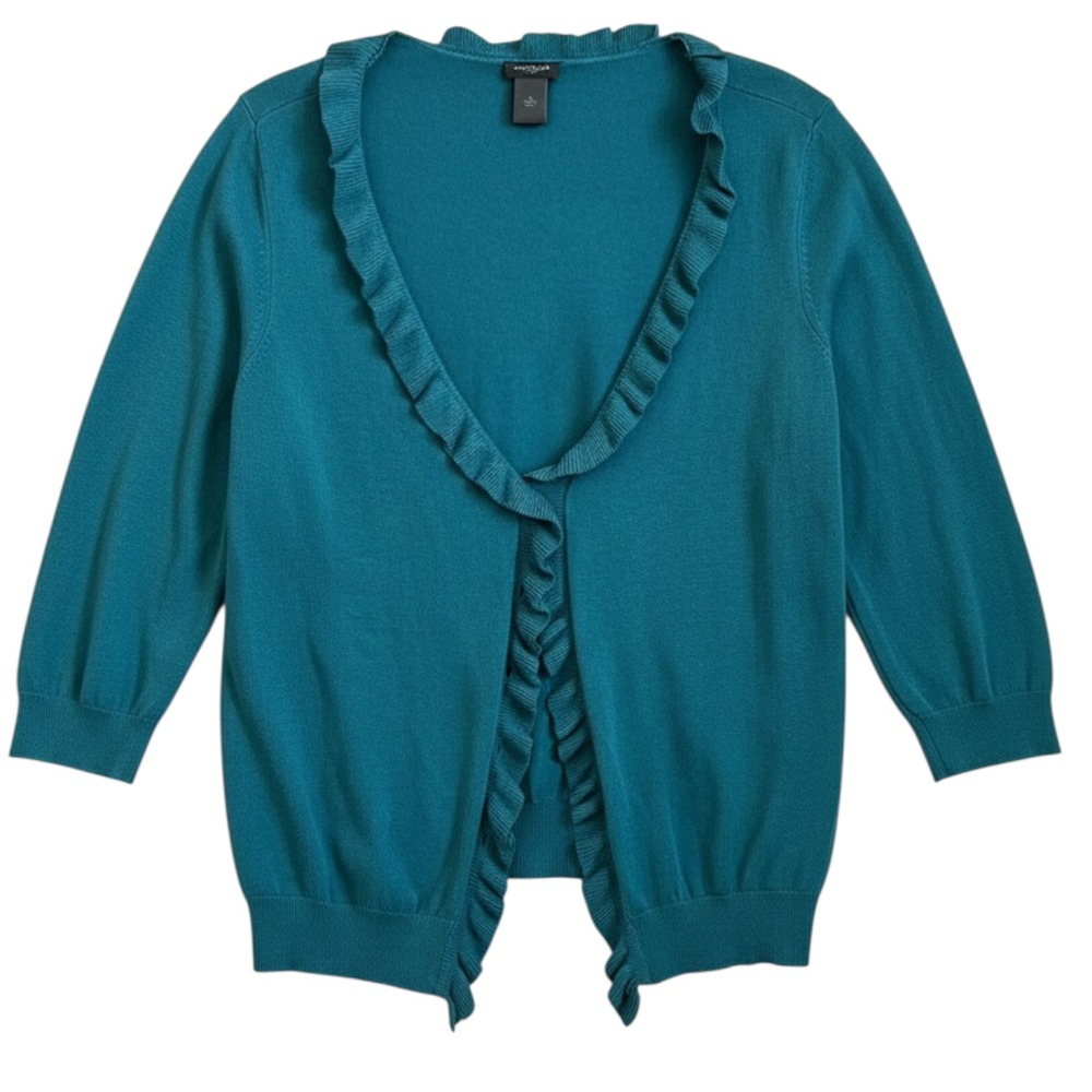 Ann Taylor Cardigan Womens Teal Ruffle Trim 3/4 Sleeve Preppy XL